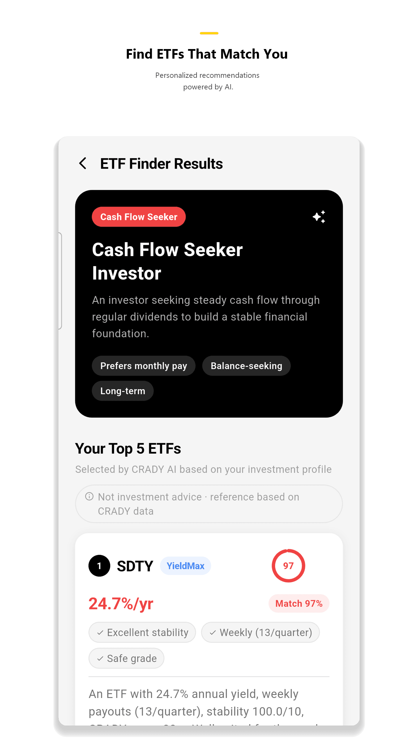 CRADY app AI ETF Finder screen