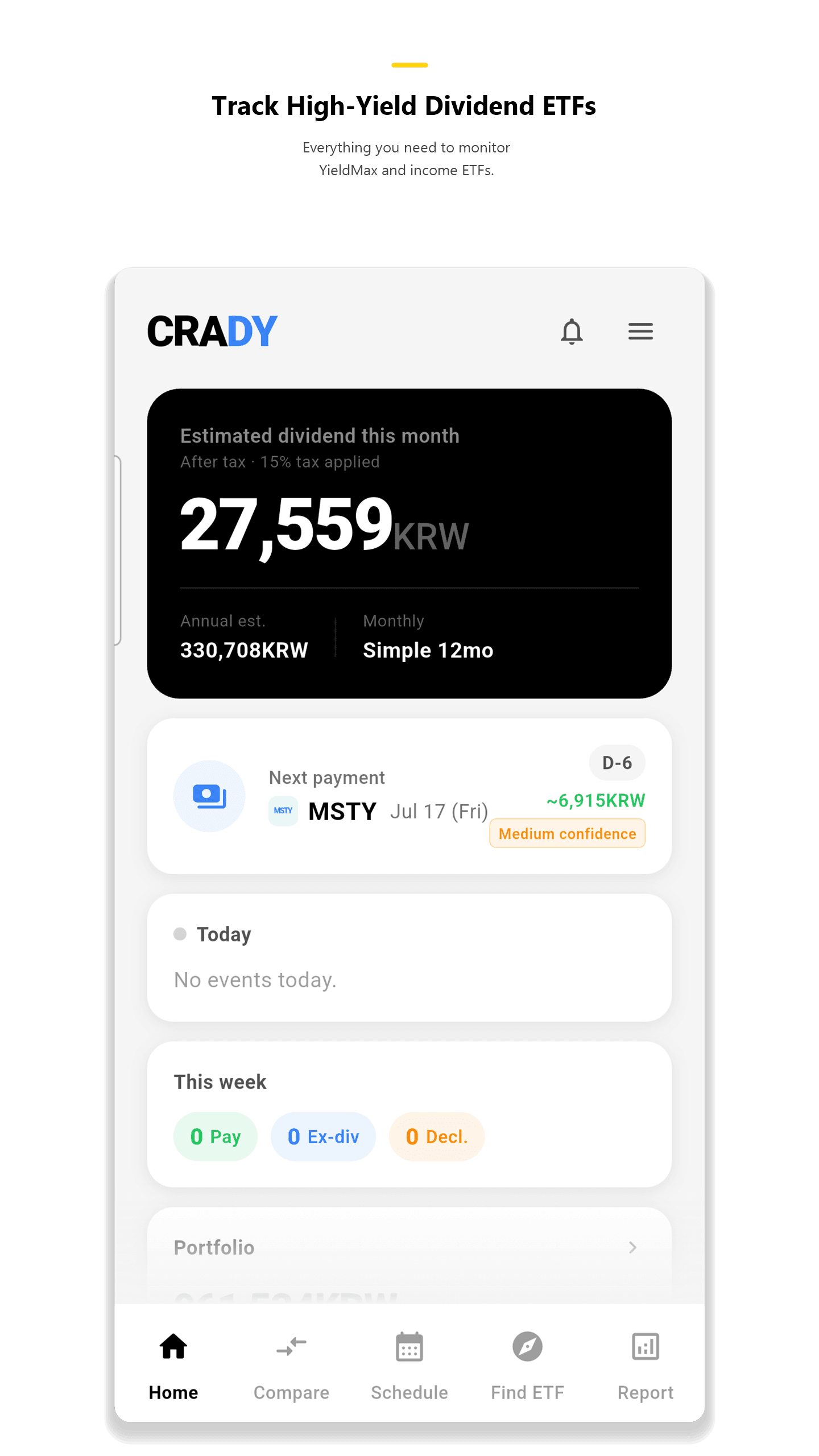 CRADY app home screen